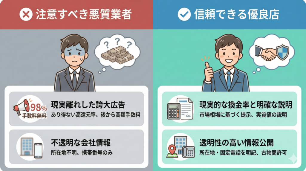 悪質業者と優良店の違い比較表|手数料の透明性や会社概要の有無で見極める